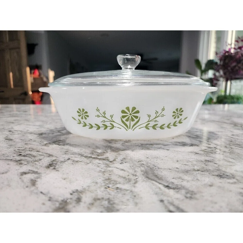 Vintage Glasbake J235 1QT Casserole Dish Green Daisy Milk Glass Oval With Lid